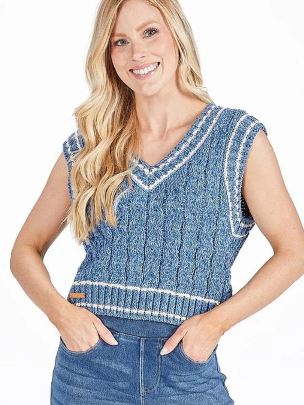 Simply Southern Blue and White Cable Knit V-Neck Sweater Vest
